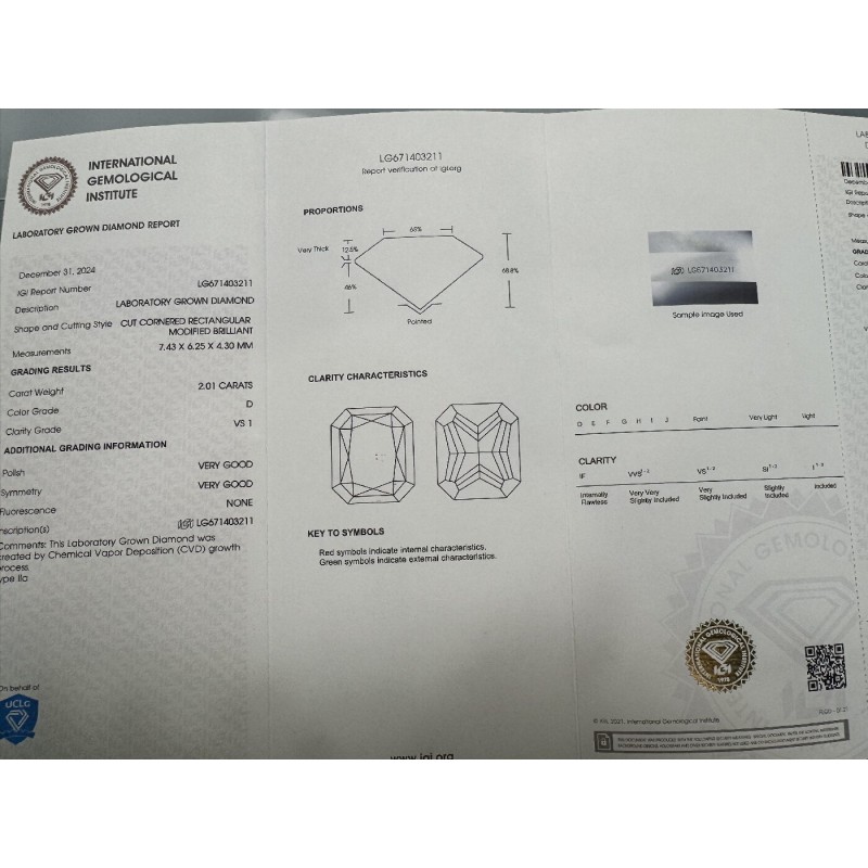 Ruif Jewelry 2.01ct Radiant Cut D VVS2 Lab Grown Diamond with IGI certificate LG671403211