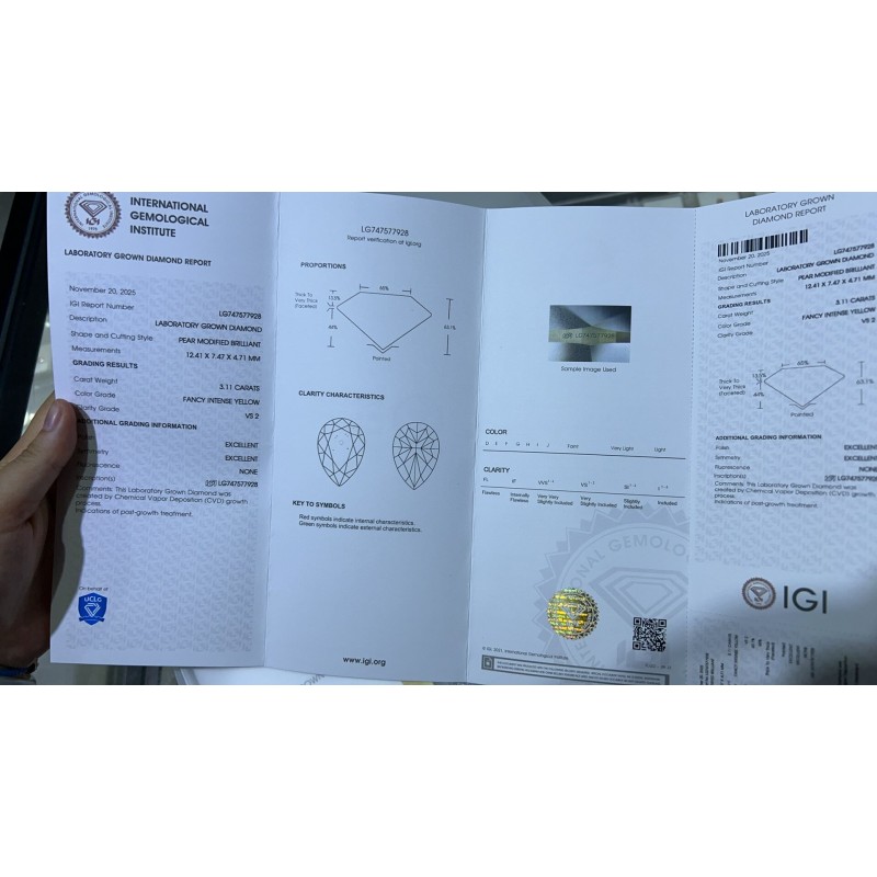 Ruif Jewelry Pear Cut 3.11CT Yellow Lab Grown Diamond with IGI certificate LG747577928