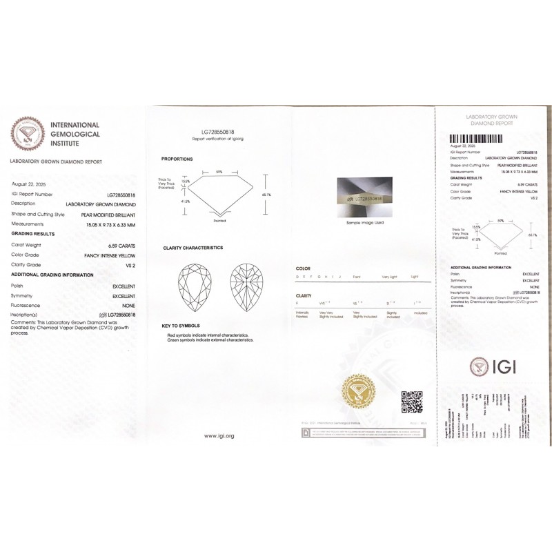 Ruif Jewelry Pear Cut 6.59CT Yellow Lab Grown Diamond with IGI certificate LG728550818