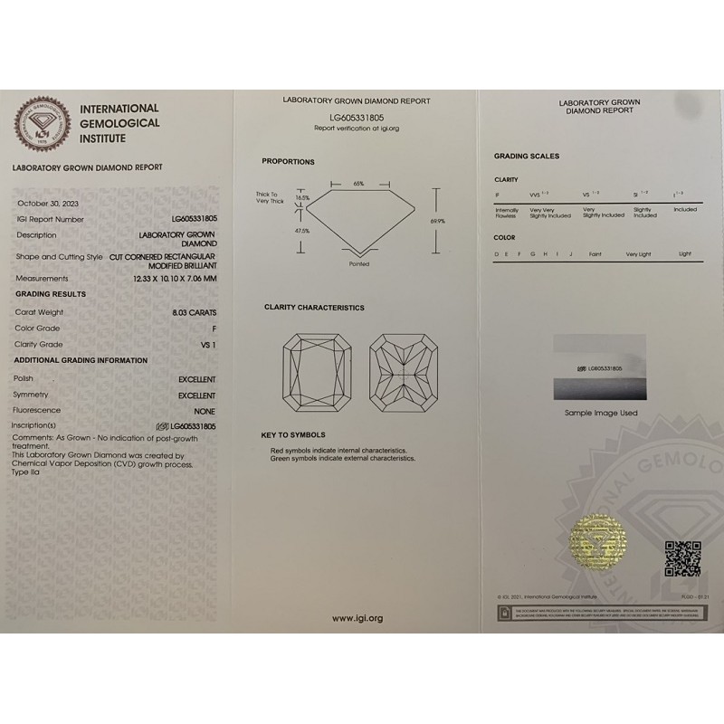 Ruif Jewelry  CVD 8.03ct ＦVS1 Lab Grrown Diamond with IGI Certificate stock for Sale