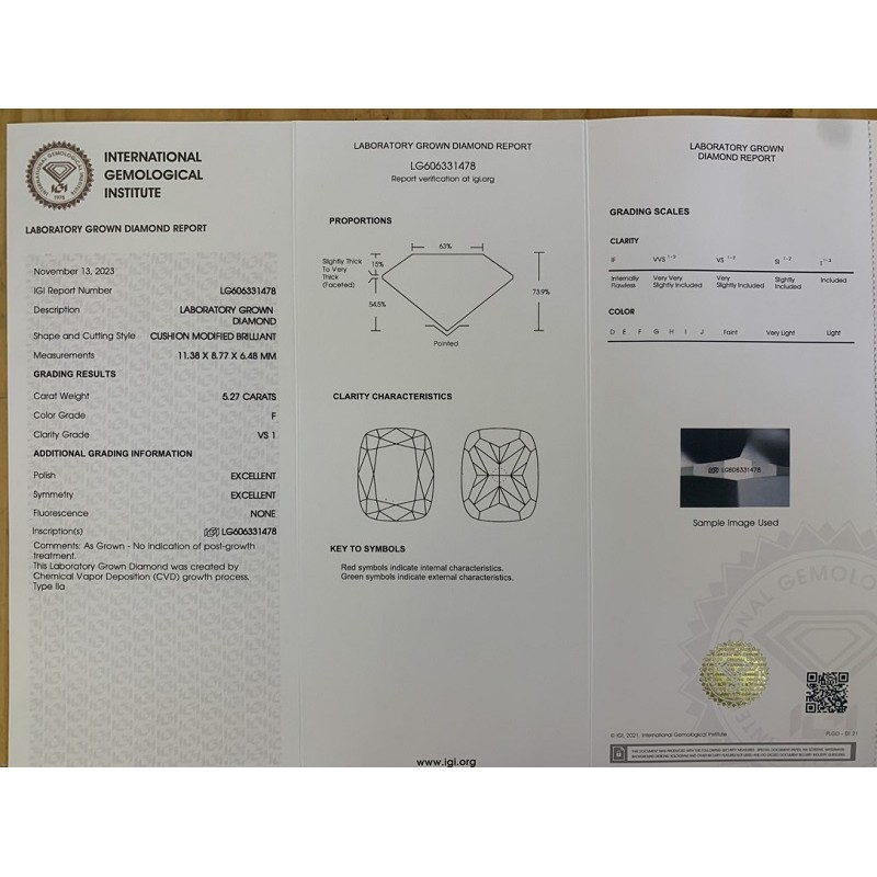 Ruif Jewelry 5.27ct  ＦVS1 Cushion Cut CVD Lab Grown Diamonds IGI certificate Diamonds for DIY Jewelry Making Size Customizable