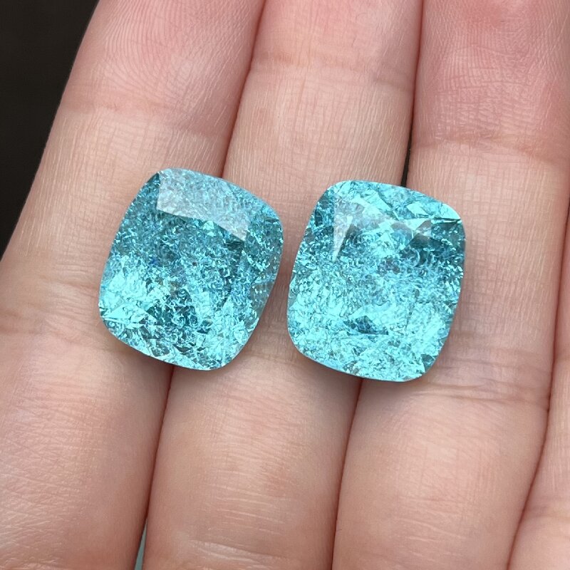 Ruif Jewelry Popular 12x14mm33.14ct/pair Cushion Cut Lab Grown Paraiba Sapphire Crushed Ice Cutting Loose stone