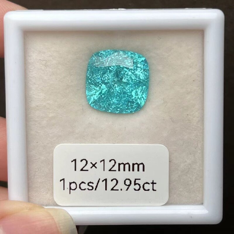 Ruif Jewelry Popular 12x12mm12.95ct Cushion Cut Lab Grown Paraiba Sapphire Loose Crushed Ice Cutting Semi-precious Stone Sales 