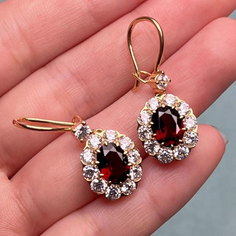 Ruif Jewelry Classic Design 18K Yellow Gold Natural Amethyst And Garnet Earrings  Hand Made Gemstone Jewelry for women gift