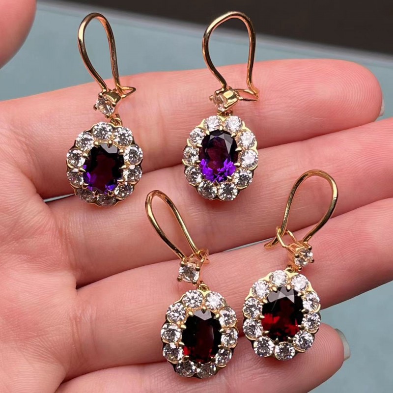 Ruif Jewelry Classic Design 18K Yellow Gold Natural Amethyst And Garnet Earrings  Hand Made Gemstone Jewelry for women gift