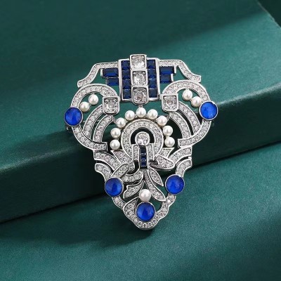 Ruif Jewelry 40x45mm Blue Shield Brooch S925 Silver Natural Freshwater Pearl Brooch Cubic Zircona Gemstone Fashion Jewelry