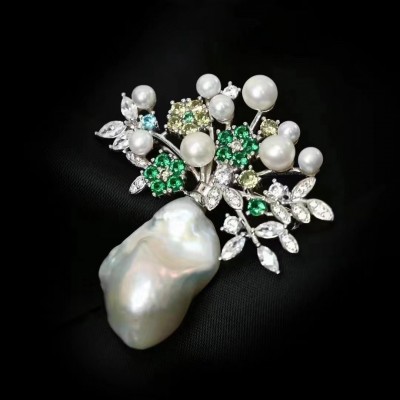 Ruif Jewelry Baroque Pearl Flower Cluster Brooch S925 Silver Brooch Women Jewelry Cubic Zircona Gemstone Fashion Jewelry