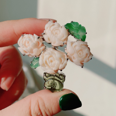 Ruif Jewelry Retro vase peony flower brooch S925 Silver Natural jadeite tourmaline and coral inlay Fashion Jewelry