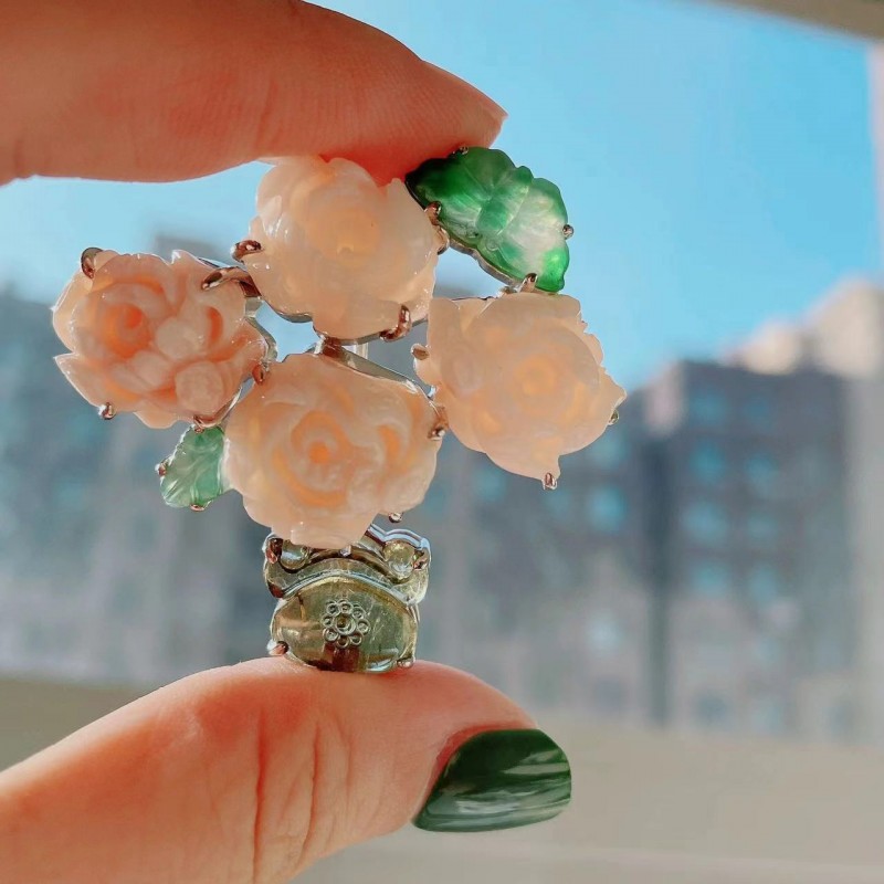 Ruif Jewelry Retro vase peony flower brooch S925 Silver Natural jadeite tourmaline and coral inlay Fashion Jewelry
