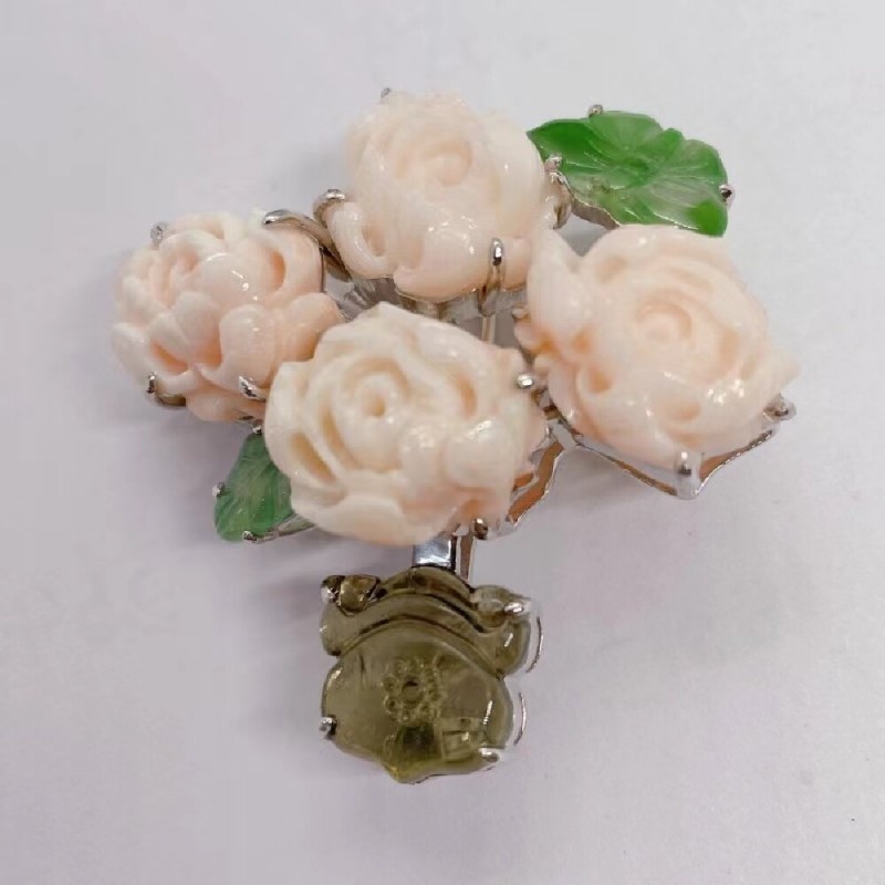 Ruif Jewelry Retro vase peony flower brooch S925 Silver Natural jadeite tourmaline and coral inlay Fashion Jewelry