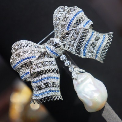 Ruif Jewelry Baroque Pearl Bow Brooch S925 Silver Brooch Women Jewelry Cubic Zircona Gemstone Fashion Jewelry