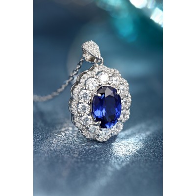 Ruif  Jewelry Classic Design S925 Silver 3.2ct Royal Blue Lab Grown Sapphire Pendant Necklace Gemstone Jewelry