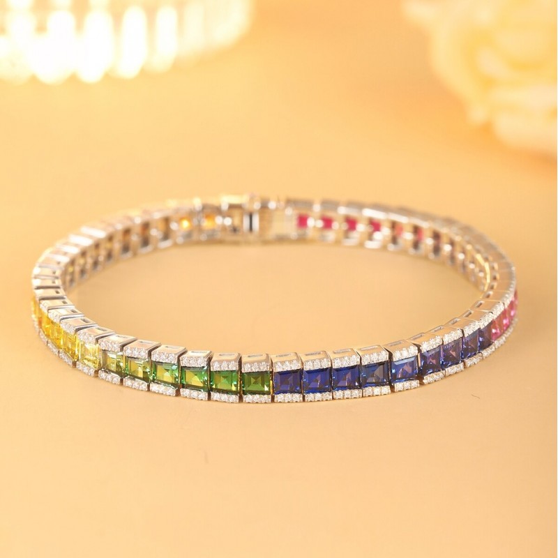 Ruif Jewelry Classic Design S925 Silver 8.57ct Lab Grown Sapphire Bracelet Rainbow Bracelet Trapezoid Shape Gemstone Jewelry Ruif Jewelry Classic Design S925 Silver 8.57ct Lab Grown Sapphire Bracelet Rainbow Bracelet Trapezoid Shape Gemstone Jewelry