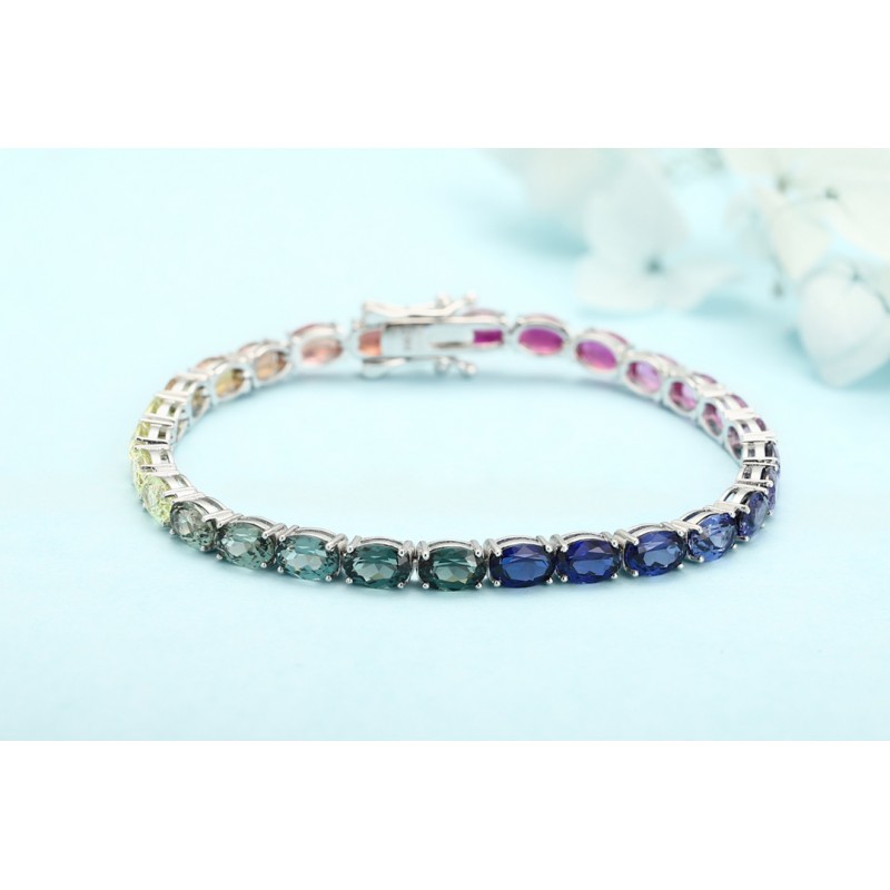 Ruif Jewelry Classic Design Oval Shape S925 Silver 18.4ct Lab Grown Sapphire Bracelet Rainbow Color Gemstone Jewelry Ruif Jewelry Classic Design Oval Shape S925 Silver 18.4ct Lab Grown Sapphire Bracelet Rainbow Color Gemstone Jewelry