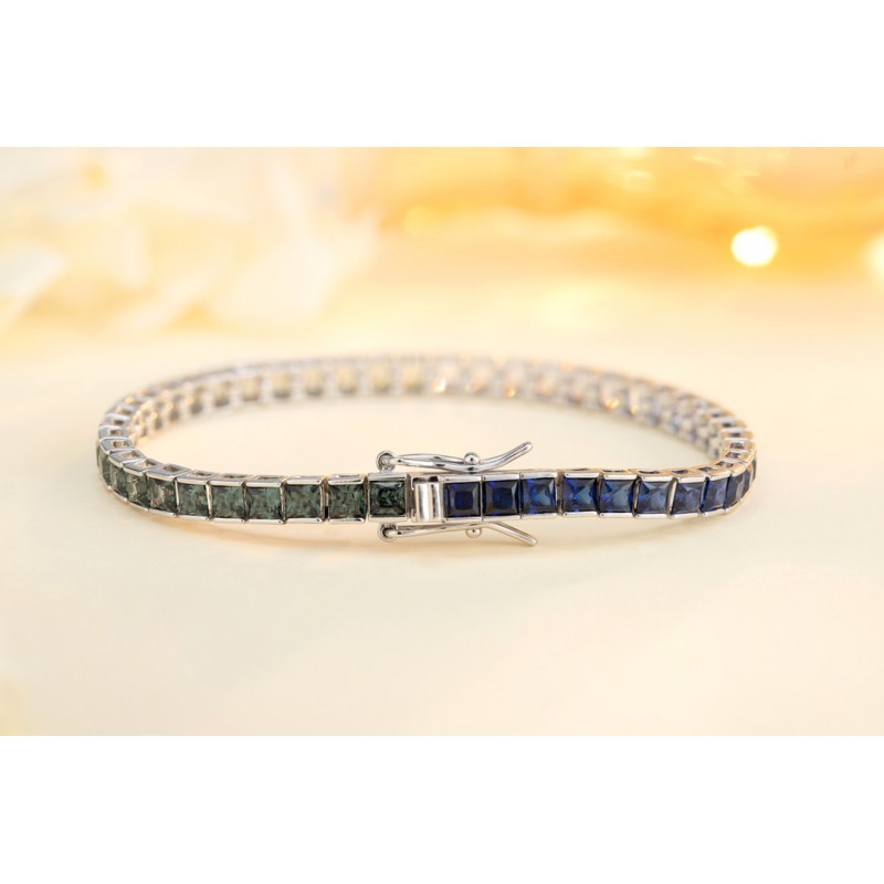 Ruif Jewelry Classic Design S925 Silver 8.65ct Lab Grown Sapphire Bracelet Gradient Green/Blue Color Princess Cut Gemstone Jewelry Ruif Jewelry Classic Design S925 Silver 8.65ct Lab Grown Sapphire Bracelet Gradient Green/Blue Color Princess Cut Gemstone Jewelry