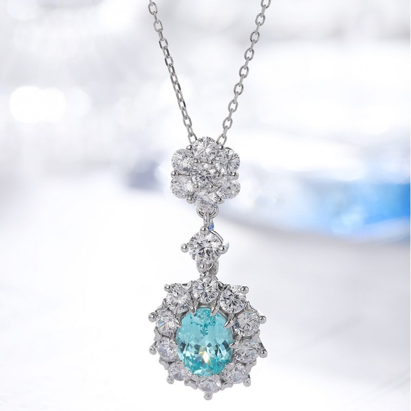 Ruif Jewelry Classic Design S925 Silver  3.07ct Lab Grown Paraiba Sapphire Pendant Necklace Gemstone Jewelry