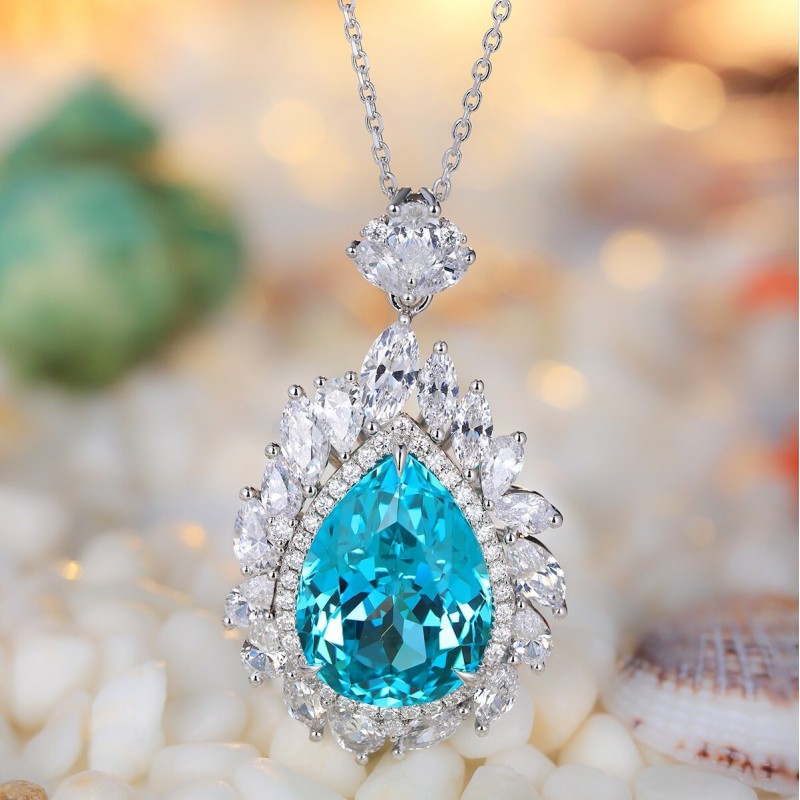 Ruif Jewelry Classic Design S925 Silver 25.315ct Lab Grown Paraiba Sapphire Pendant Necklace Gemstone Jewelry