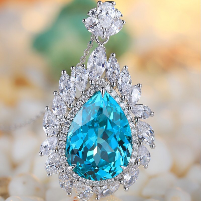 Ruif Jewelry Classic Design S925 Silver 25.315ct Lab Grown Paraiba Sapphire Pendant Necklace Gemstone Jewelry