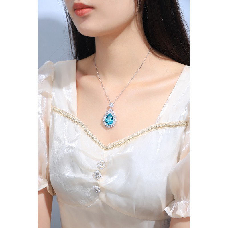 Ruif Jewelry Classic Design S925 Silver 25.315ct Lab Grown Paraiba Sapphire Pendant Necklace Gemstone Jewelry