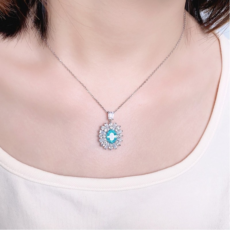 Ruif Jewelry Classic Design S925 Silver 3.19ct Lab Grown Paraiba Sapphire Pendant Necklace Gemstone Jewelry