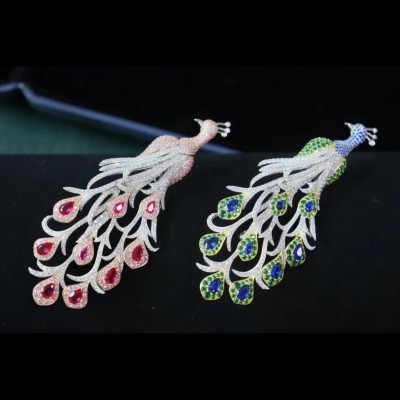 Ruif Jewelry 34x72mm Peacock Brooch S925 Silver Cubic Zircona Brooch Fashion Jewelry