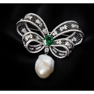 Ruif Jewelry Baroque Pearl Bow Brooch S925 Silver Brooch Women Jewelry Cubic Zircona Gemstone Fashion Jewelry