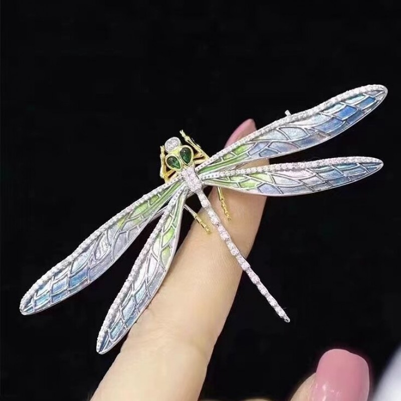 Ruif Jewelry 40x74mm Dragonfly Brooch S925 Silver Blue Green Color Brooch Cubic Zircona Fashion Jewelry