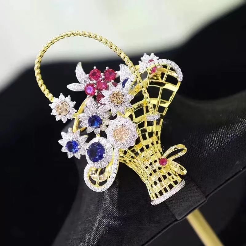 Ruif Jewelry 53x71mm Flower Basket Brooch S925 Silver Yellow Gold Color Brooch Cubic Zircona Fashion Jewelry