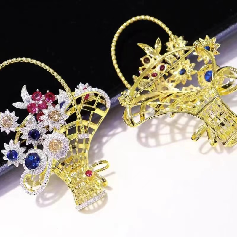 Ruif Jewelry 53x71mm Flower Basket Brooch S925 Silver Yellow Gold Color Brooch Cubic Zircona Fashion Jewelry