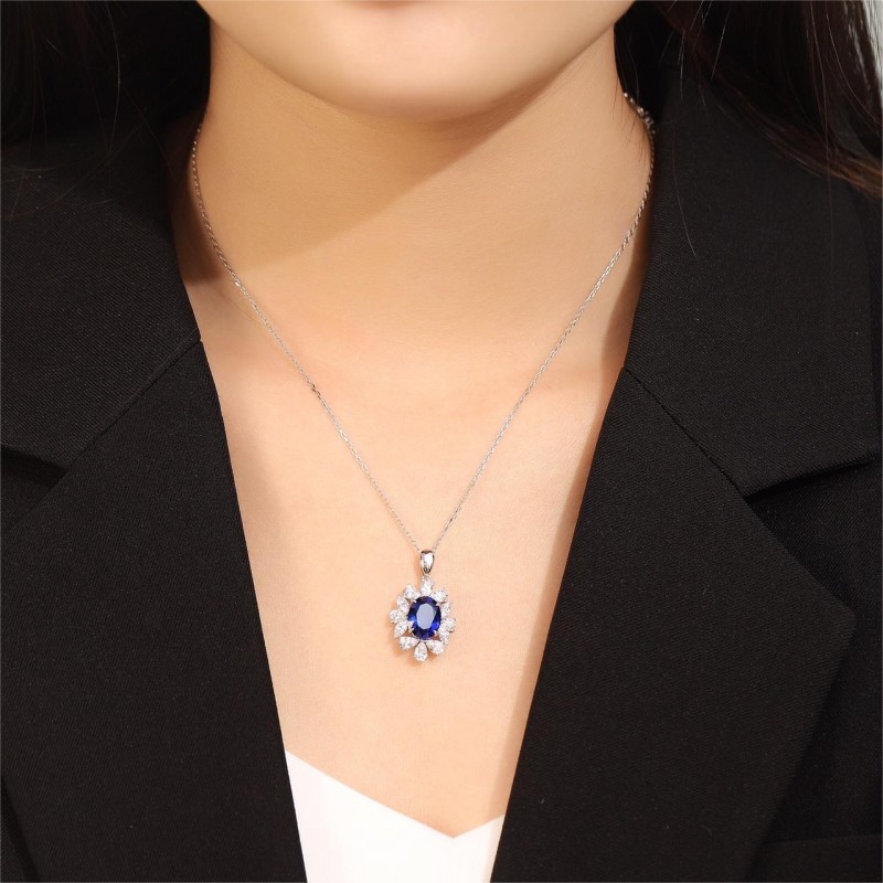 Ruif Jewelry Classic Design 9K White Gold 3.21ct Lab Grown Sapphire Royal Blue Pendant Necklace Gemstone Jewelry