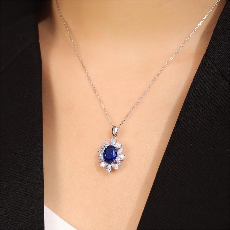 Ruif Jewelry Classic Design 9K White Gold 3.21ct Lab Grown Sapphire Royal Blue Pendant Necklace Gemstone Jewelry