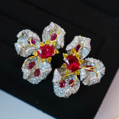 Ruif Jewelry Flower Earrings S925 Silver Earrings Red Color 5A Cubic Zircona Gemstone Fashion Jewelry