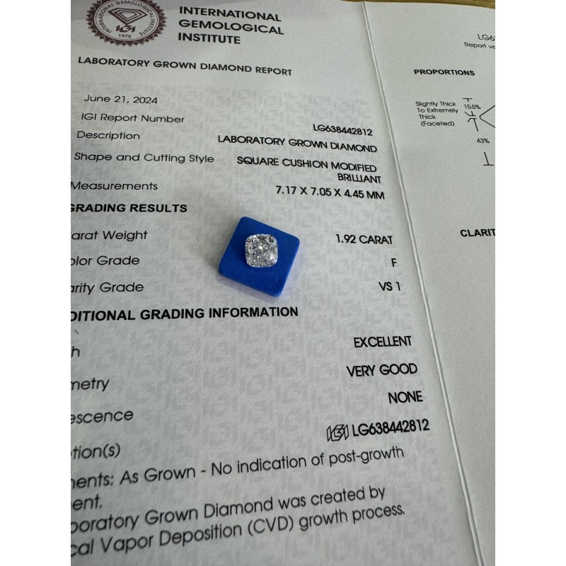 Ruif Jewelry 1.92ct  ＦVS1 Cushion Cut CVD Lab Grown Diamonds IGI certificate Diamonds for DIY Jewelry Making Size Customizable