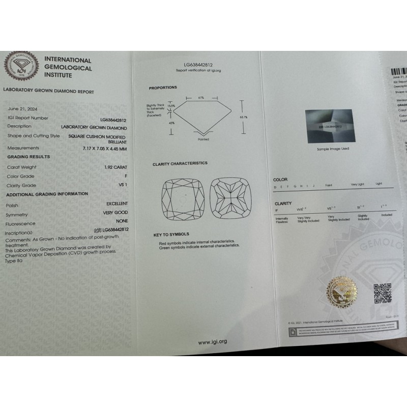 Ruif Jewelry 1.92ct  ＦVS1 Cushion Cut CVD Lab Grown Diamonds IGI certificate Diamonds for DIY Jewelry Making Size Customizable