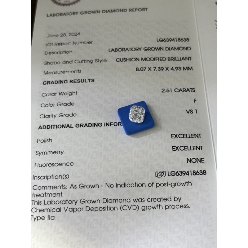 Ruif Jewelry 2.51ct  ＦVS1 Cushion Cut CVD Lab Grown Diamonds IGI certificate Diamonds for DIY Jewelry Making Size Customizable