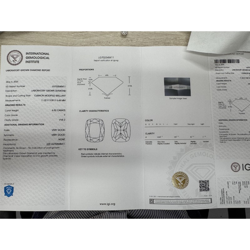 Ruif Jewelry 6.52ct ＦVVS2 Cushion Cut CVD Lab Grown Diamonds with IGI certificate