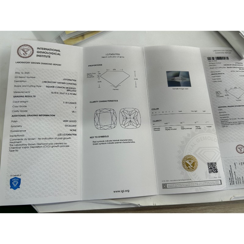 Ruif Jewelry 7.18ctＦVS1 Cushion Cut CVD Lab Grown Diamonds IGI certificate Diamonds for DIY Jewelry Making Size Customizable