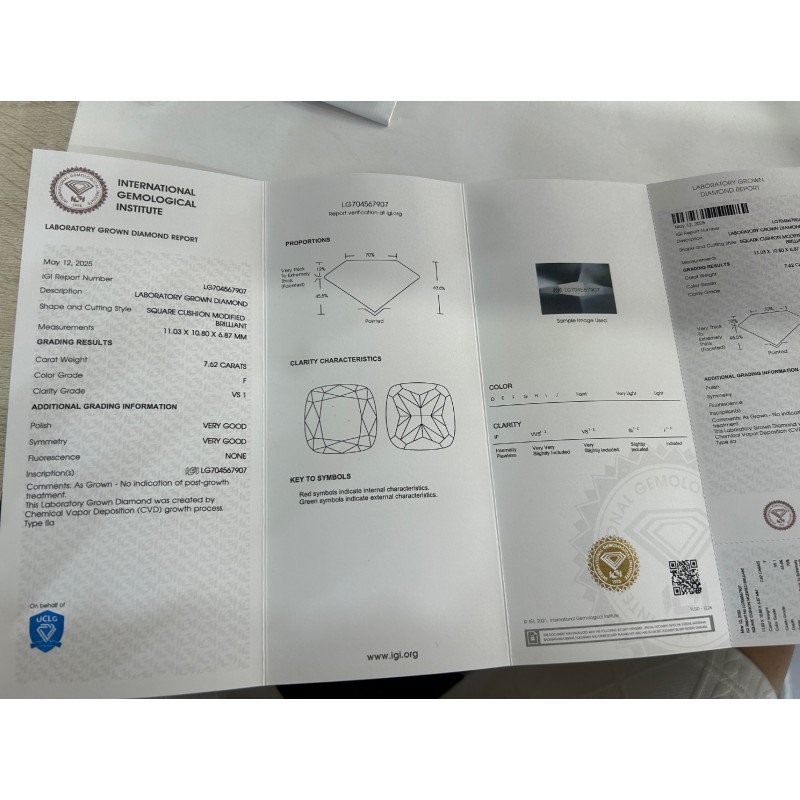 Ruif Jewelry 7.62ctＦVS1 Cushion Cut CVD Lab Grown Diamonds IGI certificate Diamonds for DIY Jewelry Making Size Customizable