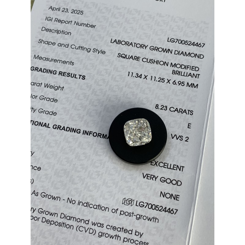 Ruif Jewelry 8.23ct  E VVS2 Cushion Cut CVD Lab Grown Diamonds with IGI certificate