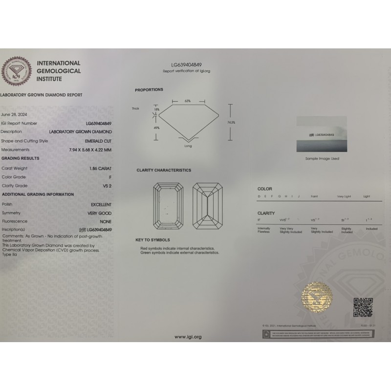 Ruif Jewelry 1.86ct Emerald Cut IGI CVD F VS2 Lab Grown Diamonds for DIY Jewelry Making Size Customizable