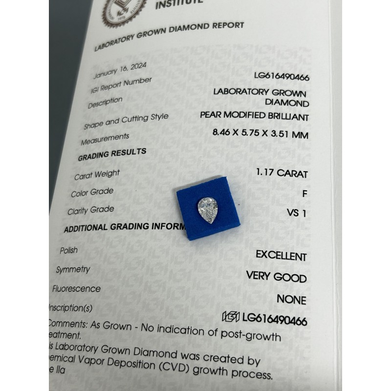 Ruif Jewelry 1.17ct Pear Shape IGI CVD F VS1 Lab Grown Diamonds for DIY Jewelry Making Size Customizable