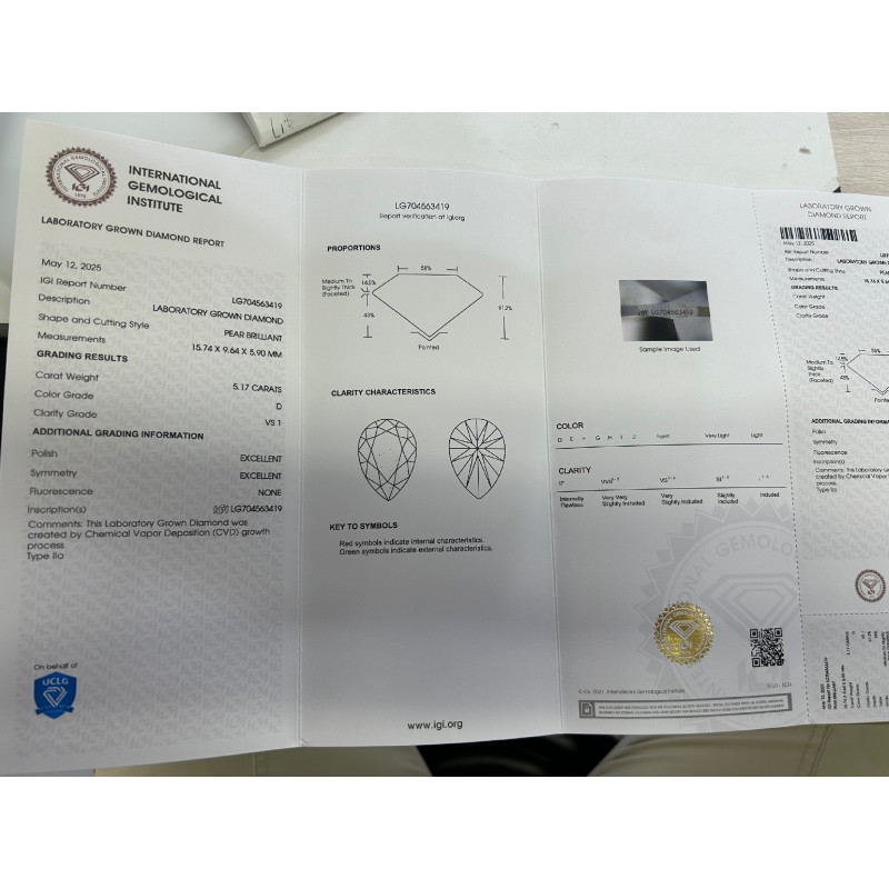 Ruif Jewelry 5.17ct Pear Shape CVD D VS1 Lab Grown Diamond with IGI certificate for DIY Jewelry Making Size Customizable