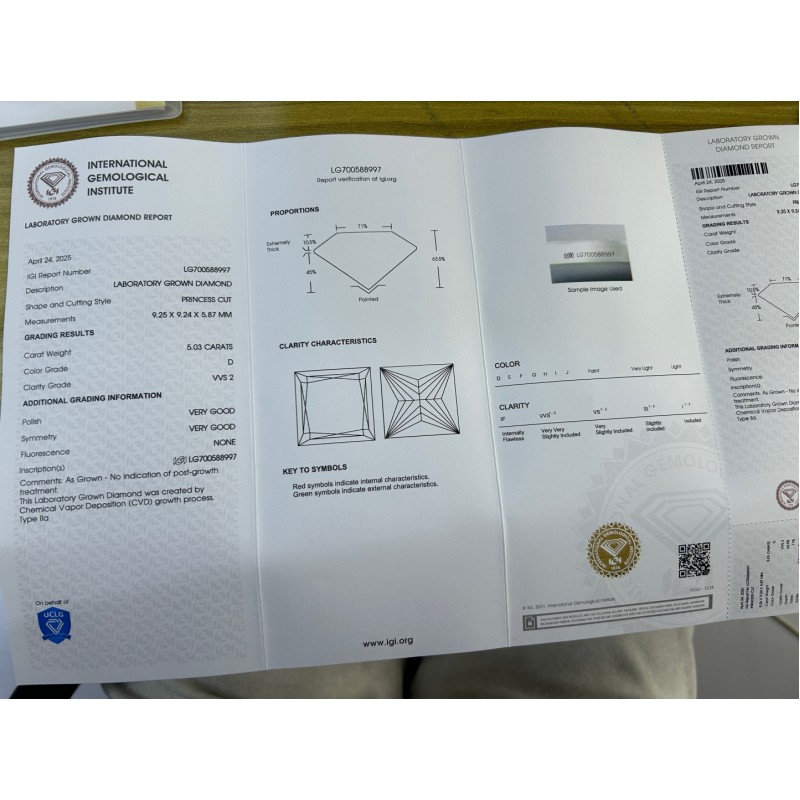 Ruif Jewelry 5.03ct Princess D VVS2 Lab Grown Diamond with IGI Certificate for DIY Jewelry Making