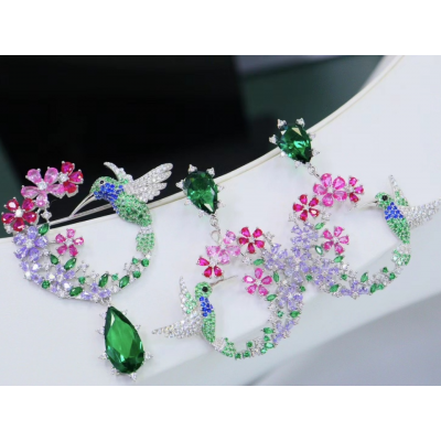 Ruif Jewelry S925 Silver hummingbird floret Earrings 44x50mm Gemstone Fashion Jewelry