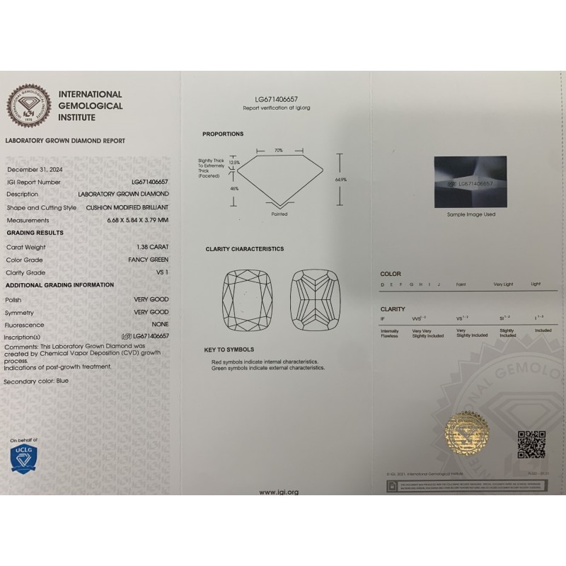 Ruif Jewelry 1.38ct CVD Fancy Intense Green VS1 Lab Grown Diamonds IGI certificate Diamonds for DIY Jewelry Making Size Customizable