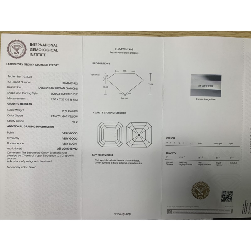 Ruif Jewelry Asscher Cut 2.71CT Fancy Light Yellow VS2 Lab Grown Diamond CVD with IGI certificate LG 649451962 Ruif Jewelry Asscher Cut 2.71CT Fancy Light Yellow VS2 Lab Grown Diamond CVD with IGI certificate LG 649451962