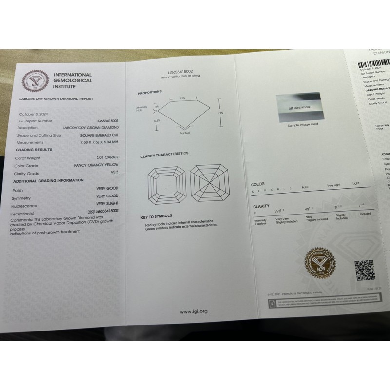 Ruif Jewelry Asscher Cut 3.01CT Fancy Orange Yellow VS2 Lab Grown Diamond CVD with IGI certificate LG 653415002 Ruif Jewelry Asscher Cut 3.01CT Fancy Orange Yellow VS2 Lab Grown Diamond CVD with IGI certificate LG 653415002