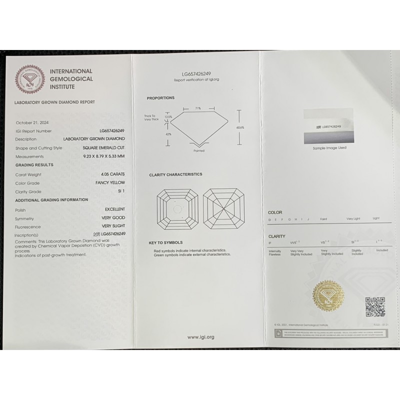 Ruif Jewelry Asscher Cut 4.05CT Fancy Yellow SI1 Lab Grown Diamond CVD with IGI certificate LG 657426249 Ruif Jewelry Asscher Cut 4.05CT Fancy Yellow SI1 Lab Grown Diamond CVD with IGI certificate LG 657426249