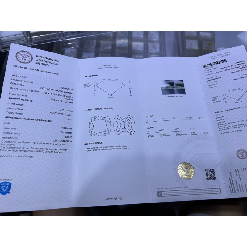 Ruif Jewelry Cushion Cut 2.13ct Fancy ViVid Yellow VS1 EX EX Lab Grown Diamond HPHT With IGI certificate LG700527010 Ruif Jewelry Cushion Cut 2.13ct Fancy ViVid Yellow VS1 EX EX Lab Grown Diamond HPHT With IGI certificate LG700527010