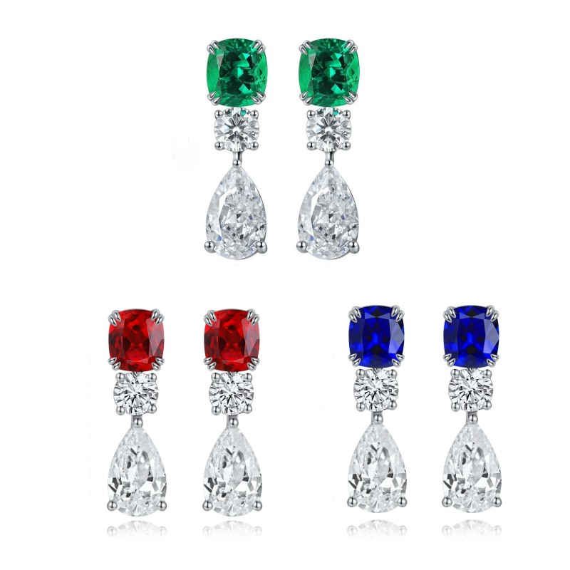 Ruif Jewelry Classic Design S925 Silver 1.19ct Lab Grown Emerald Earrings Red Ruby Royal Blue Sapphire Gemstone Jewelry